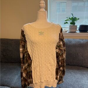 Adidas White Cable Knit Sweater with Brown Plaid Sleeves
